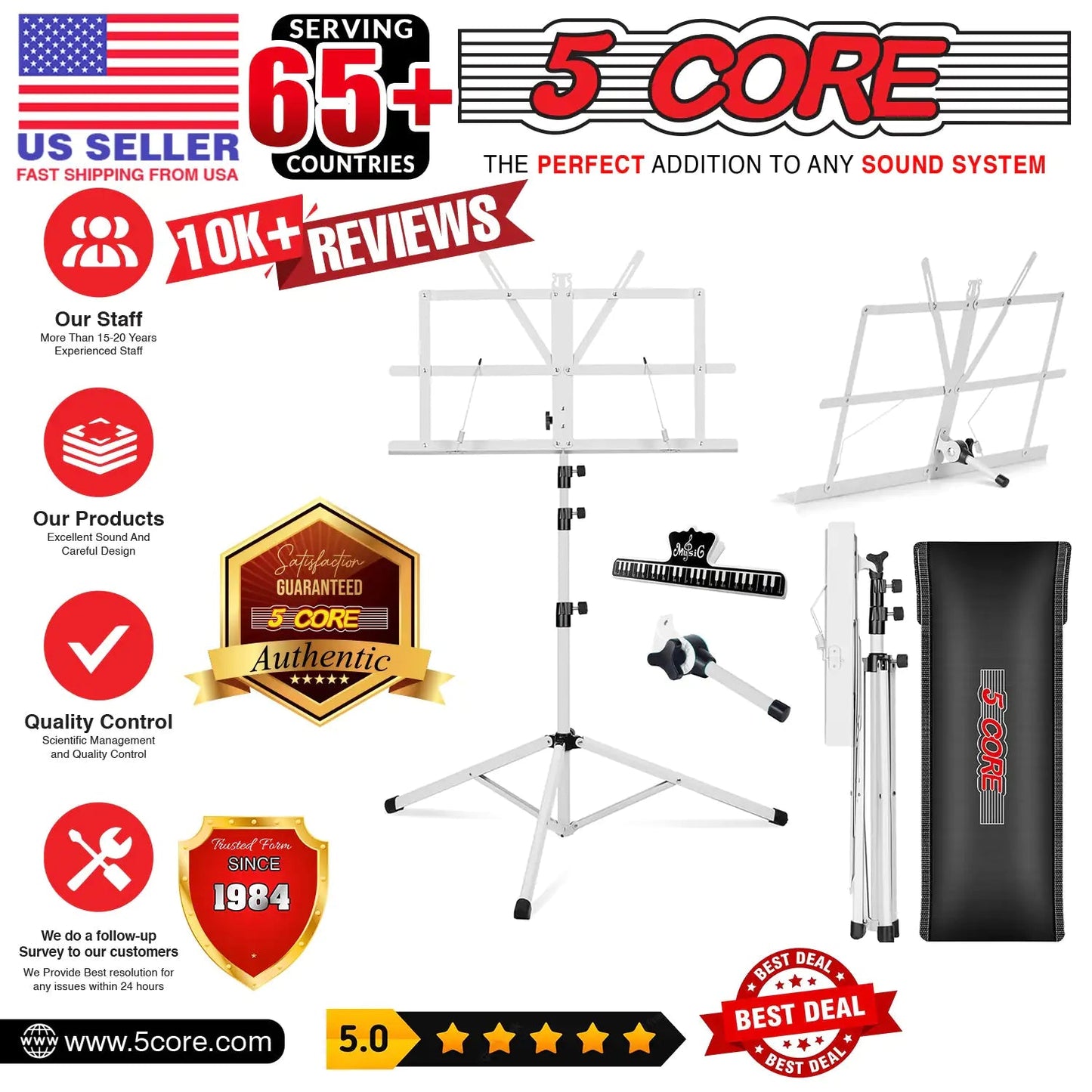 Suporte de Música 5Core para Partituras de Música Portátil com Tripé Ajustável e Dobrável, Suporte para Notas Mais Alto Branco WEM Support (www.WEM.support)