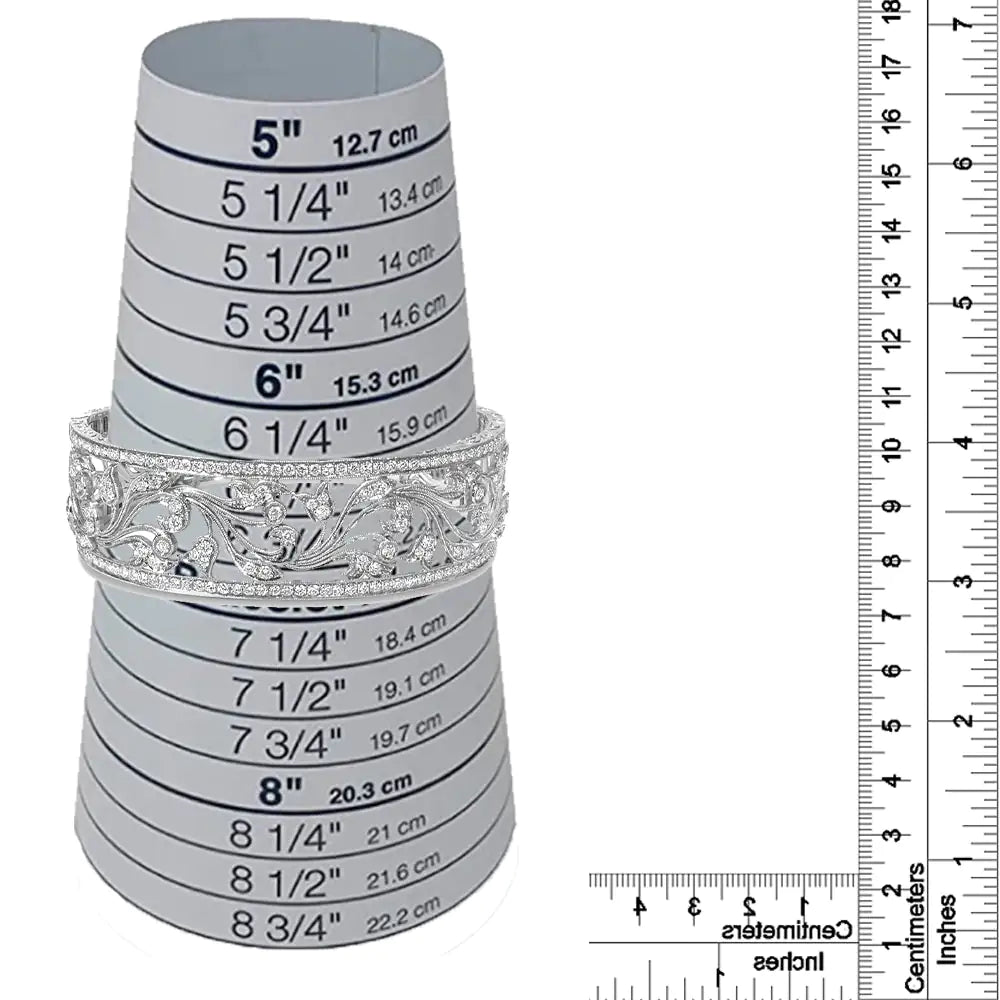 18K White Gold 3 1/4 Cttw Pave Diamond Openwork Floral Filigree Swirl Bangle Cuff Bracelet (H-I Color, VS2-SI1 Clarity) WEM Support (www.WEM.support)