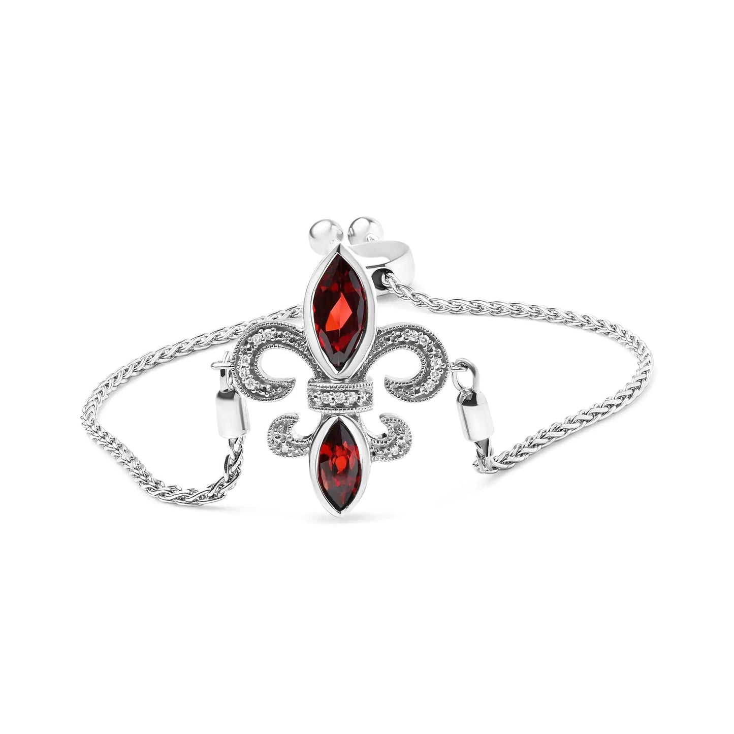 .925 Sterling Silver Marquise Garnet and Diamond Accent Lariat 4”-10” Fleur De Lis Adjustable Bolo Bracelet (H-I Color, SI1-SI2 Clarity) WEM Support (www.WEM.support)