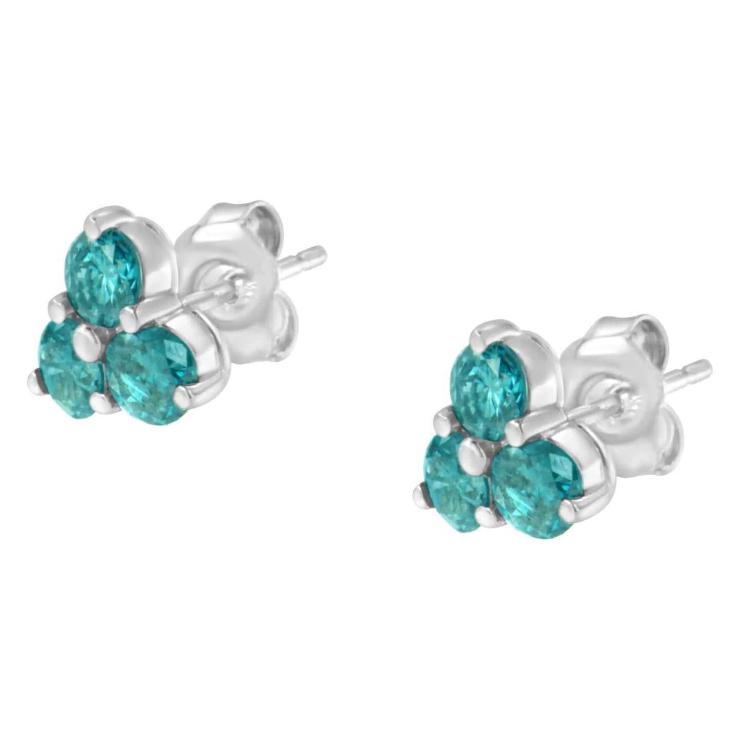 14KT White Gold Treated Blue Diamond Trio Stud Earrings (1 1/3 cttw, Blue) WEM Support (www.WEM.support)