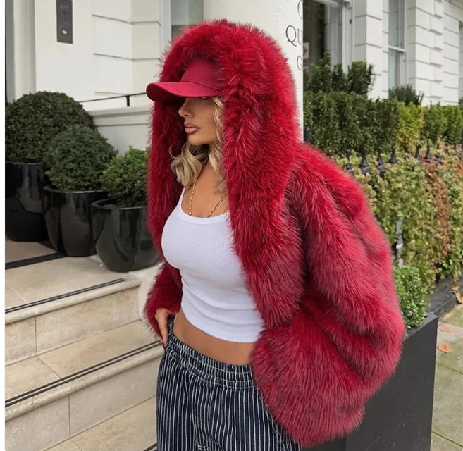 Women's Faux Fox Fur Hooded Coat WEM Support (www.WEM.support)