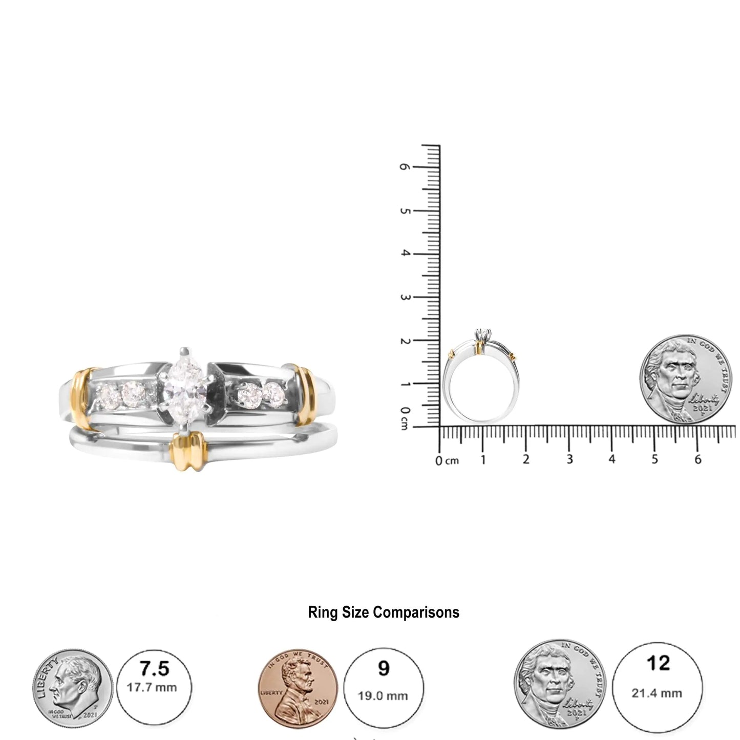 14K Yellow and White Gold 1/3 Cttw Marquise Diamond Cocktail Engagement Ring Set (H-I Color, SI1-SI2 Clarity) WEM Support (www.WEM.support)