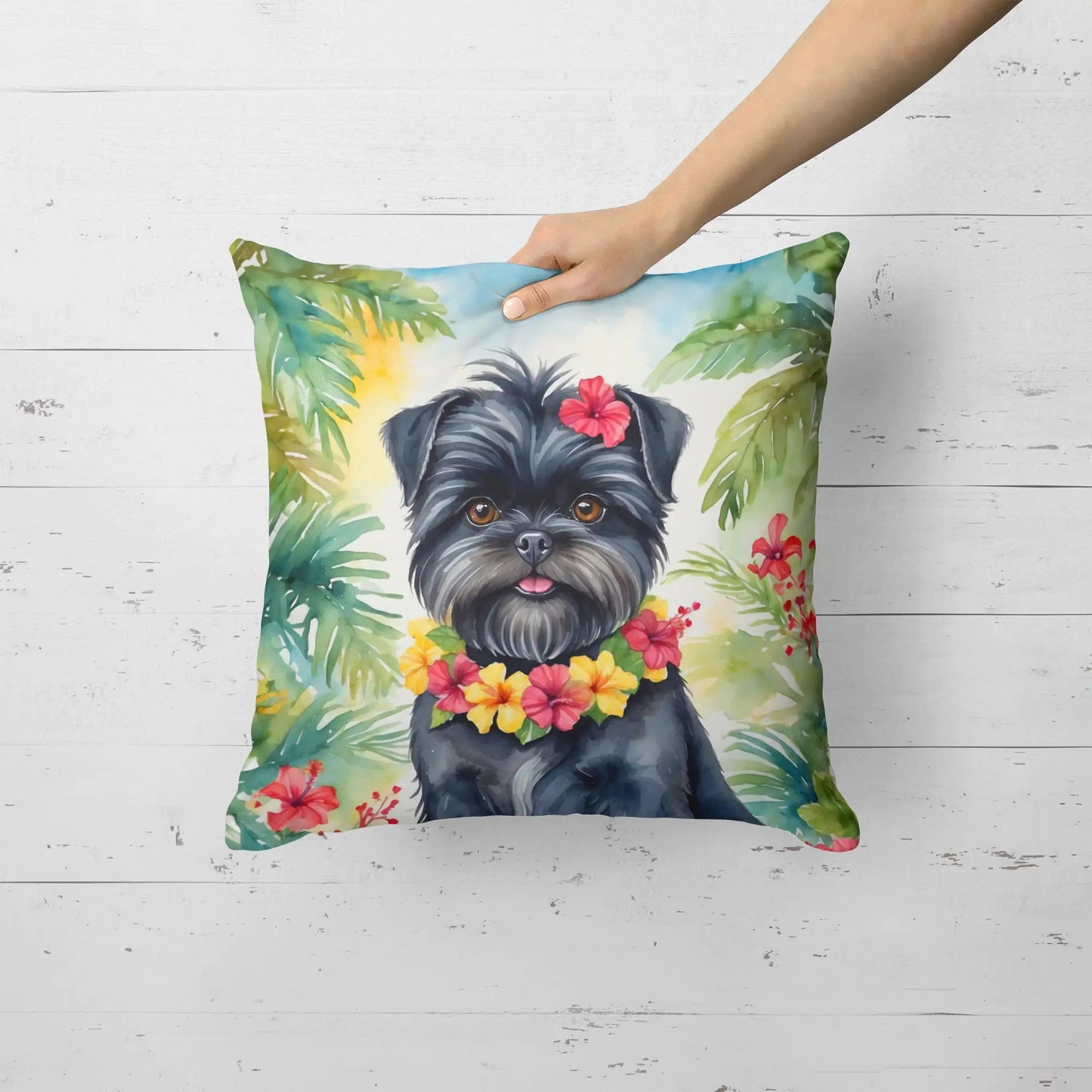 Affenpinscher Luau Throw Pillow WEM Support (www.WEM.support)
