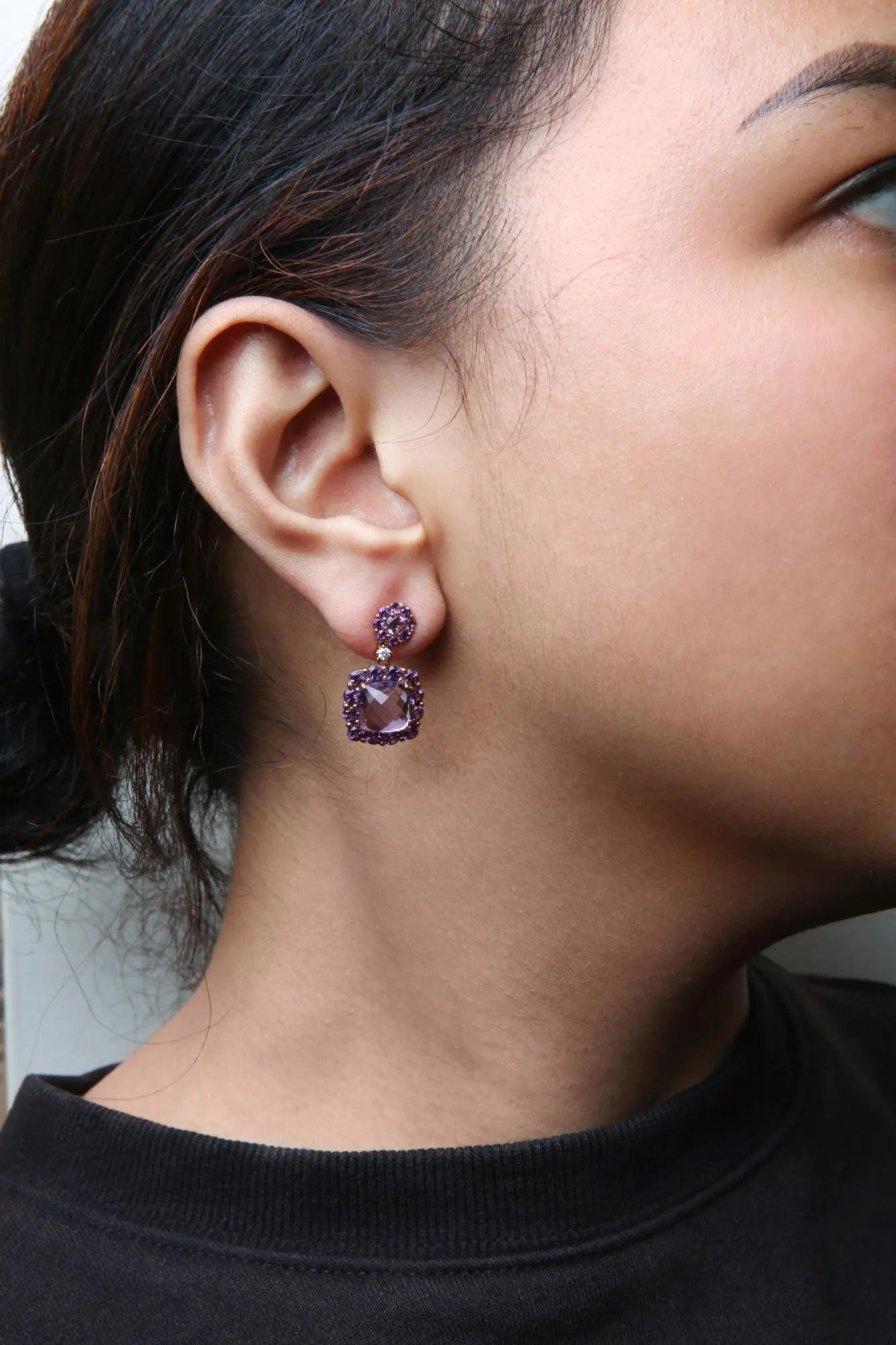 18K Rose Gold Diamond Accent and Pink and Purple Amethyst Gemstone Halo Dangle Drop Earrings (G-H Color, SI1-SI2 Clarity) WEM Support (www.WEM.support)