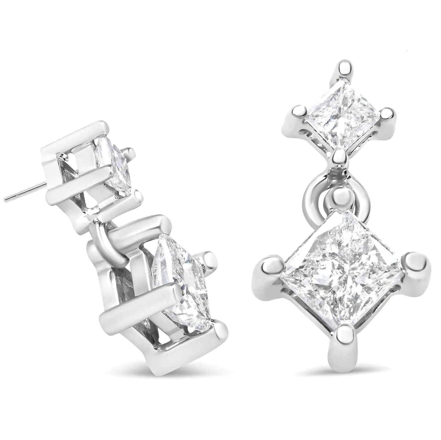 14K White Gold 3/8 Cttw Princess-Cut Diamond Double Dangle 2 Stone Stud Drop Earrings for Women (I-J Color, I2-I3 Clarity) WEM Support (www.WEM.support)