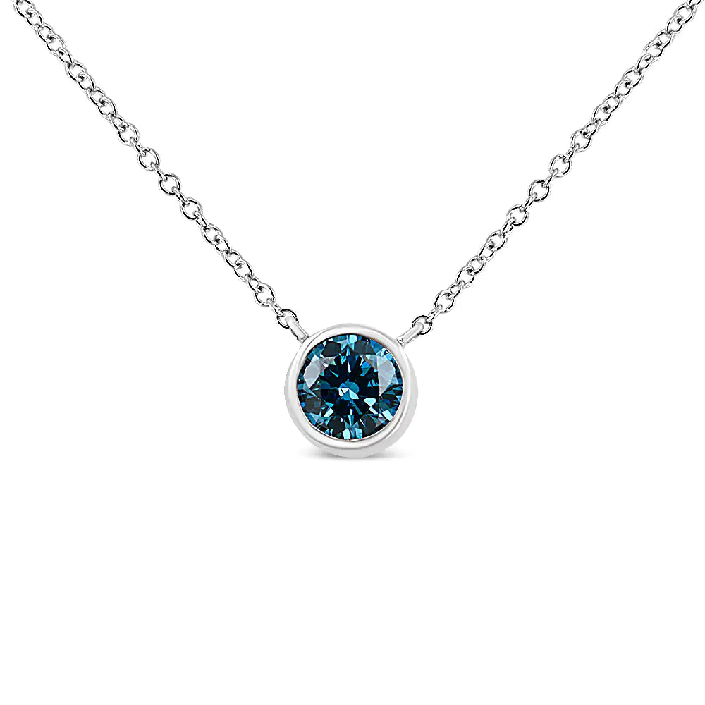 14K White Gold 1/2 Cttw Blue Lab Grown Diamond Modern Bezel-Set Solitaire 16"-18" Pendant Necklace (Blue Color, VS2-SI1 Clarity) WEM Support (www.WEM.support)