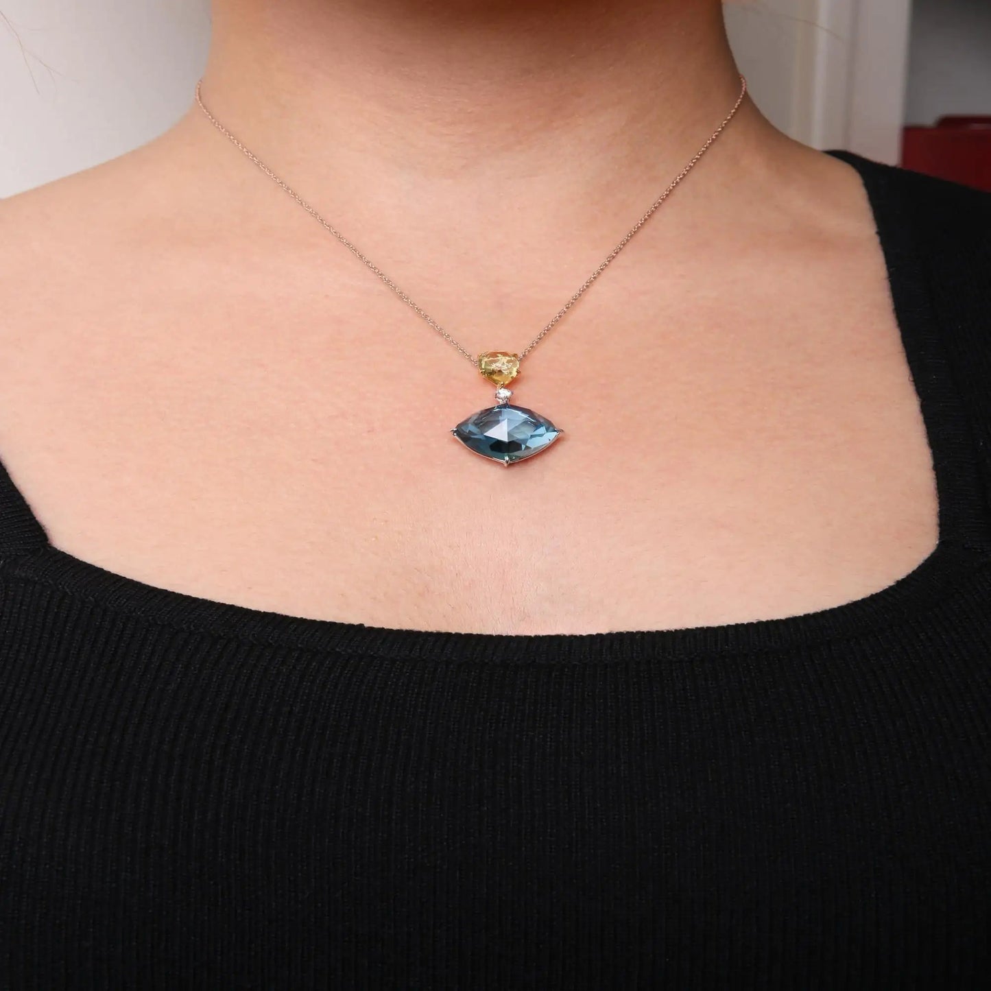18K White and Yellow Gold Diamond Accent and Pear Cut Lemon Quartz and Cushion Cut London Blue Topaz Gemstone Dangle Drop 18" Pendant Necklace (G-H Color, SI1-SI2 Clarity) WEM Support (www.WEM.support)