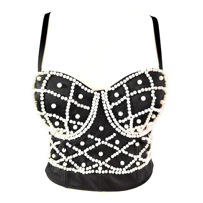 Women's Fashionable Elegant Pearl Spaghetti-strap Camisole Top With Chest Pad WEM Support (www.WEM.support)