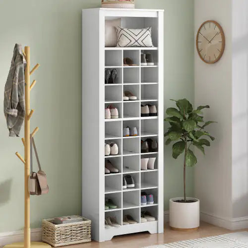 Stylish Design 30 Shoe Cabinet Console, Modern Shoe Cabinet, Multiple Storage Capacity, Self-standing High Cabinet, Suitable For Hallway, Bedroom, White WEM Support (www.WEM.support)