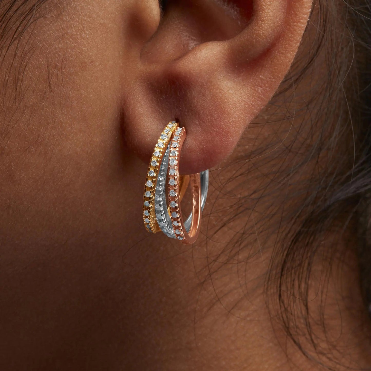 14K Tri-Toned Gold 1/3 Cttw Diamond Triple Hoop Earrings (I-J Color, I2-I3 Clarity) - 22 MM WEM Support (www.WEM.support)