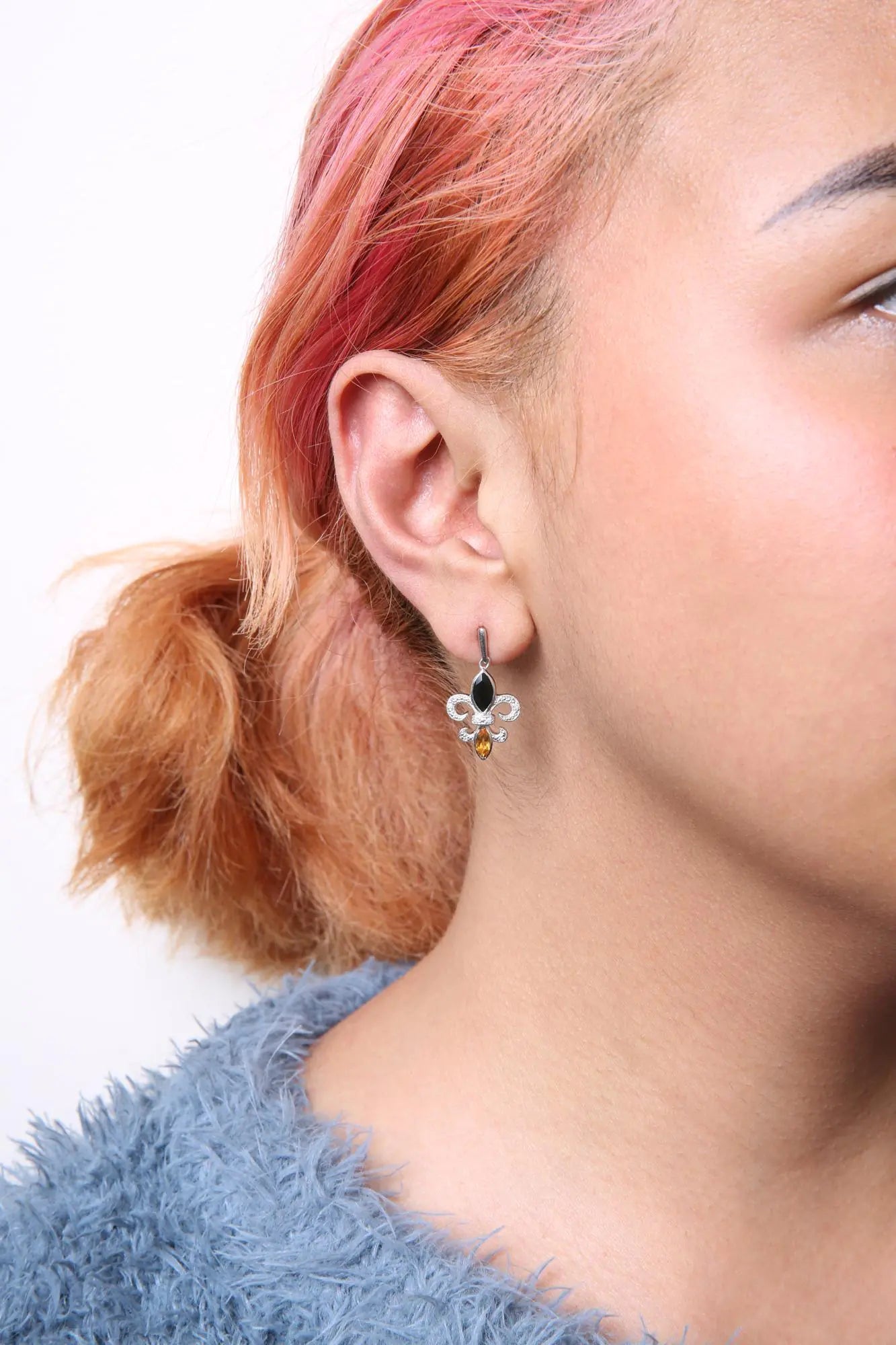 .925 Sterling Silver Marquise Cut Onyx and Citrine with Diamond Accent Fleur De Lis Drop Stud Earrings (H-I Color, SI1-SI2 Clarity) WEM Support (www.WEM.support)