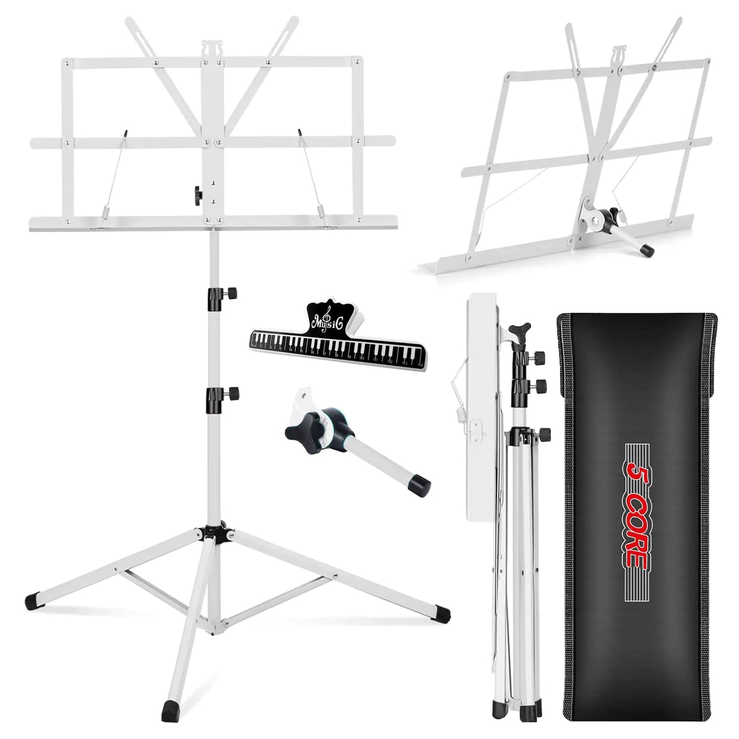 Suporte de Música 5Core para Partituras Portátil Tripé Ajustável Dobrável Porta-Notas BRANCO WEM Support (www.WEM.support)