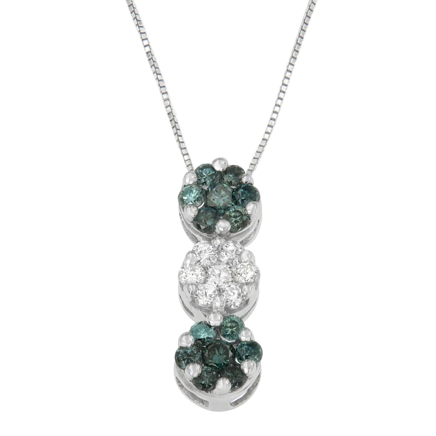 14K White Gold 1 cttw Round Cut White and Treated Blue Diamond Floral Cluster Pendant Necklace (H-I, SI1-SI2) WEM Support (www.WEM.support)