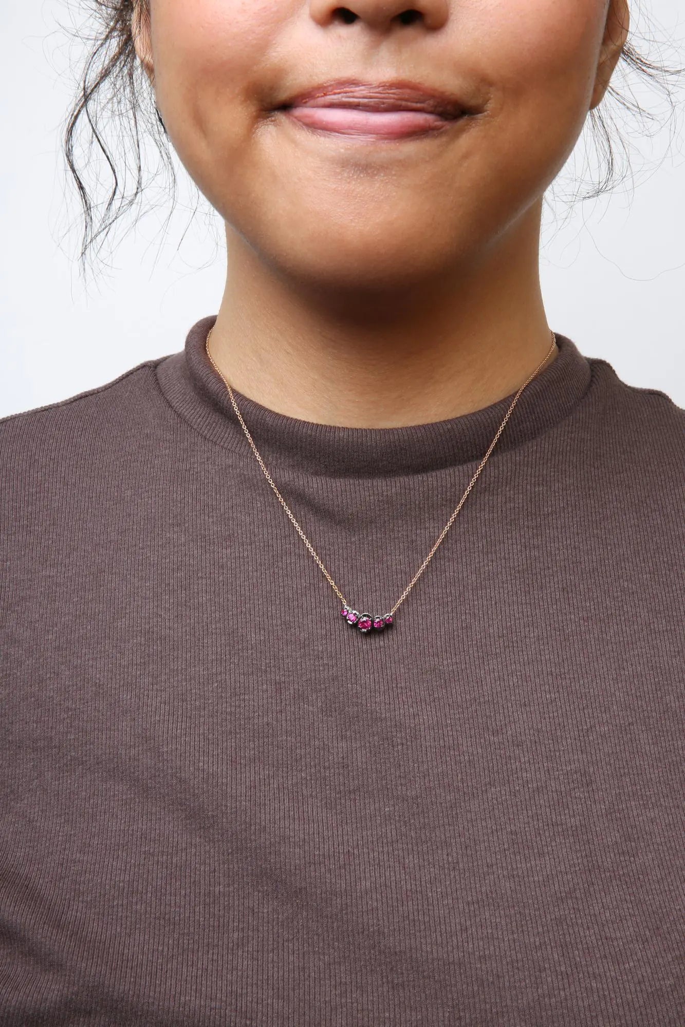 18K Rose Gold 3/4 Cttw Pave Diamonds and Graduated Red Ruby Gemstone Curved Bar Choker Necklace (G-H Color, SI1-SI2 Clarity) - Adjustable up to 14" - 16.5" WEM Support (www.WEM.support)
