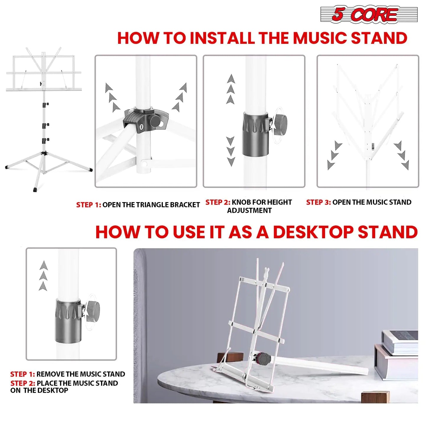 Suporte de Música 5Core para Partituras de Música Portátil com Tripé Ajustável e Dobrável, Suporte para Notas Mais Alto Branco WEM Support (www.WEM.support)