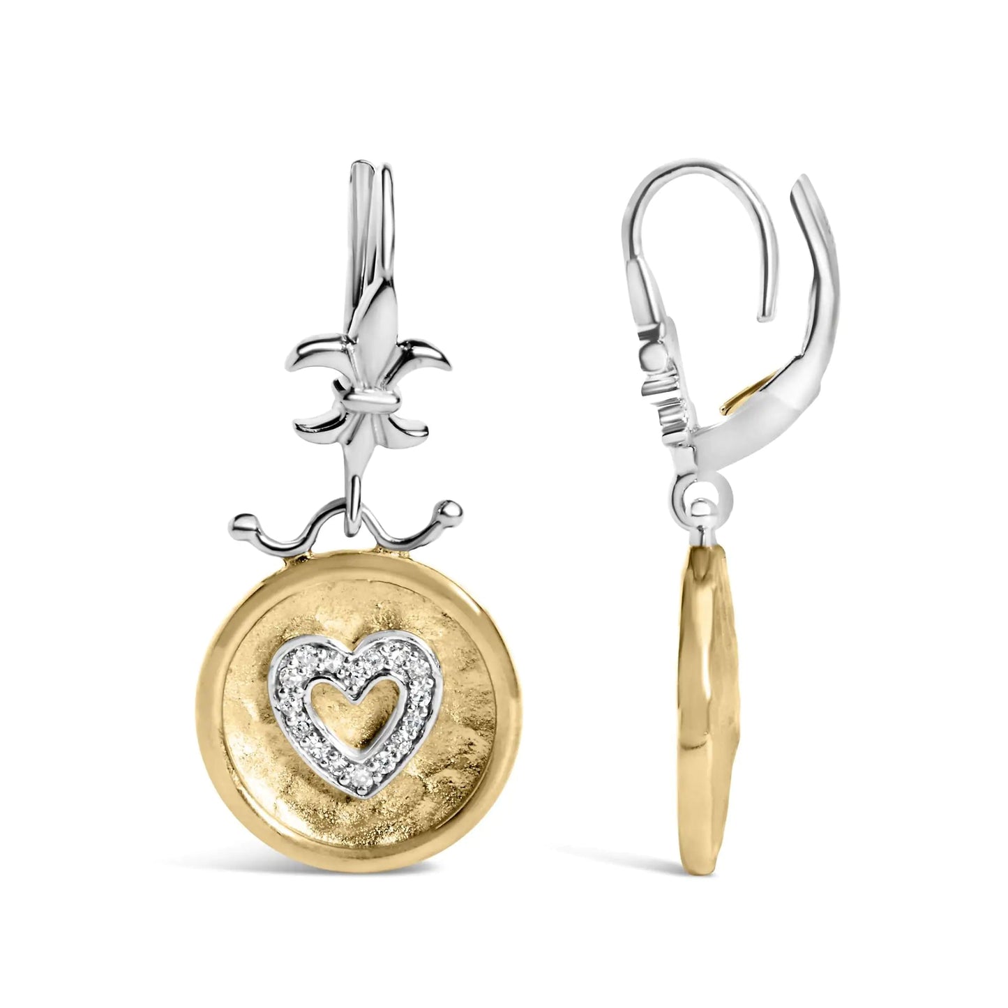 18K Yellow Gold Plated .925 Sterling Silver 1/8 Cttw Diamond Hammered Finished Medallion Heart Drop and Dangle Earrings (I-J Color, SI1-SI2 Clarity) WEM Support (www.WEM.support)