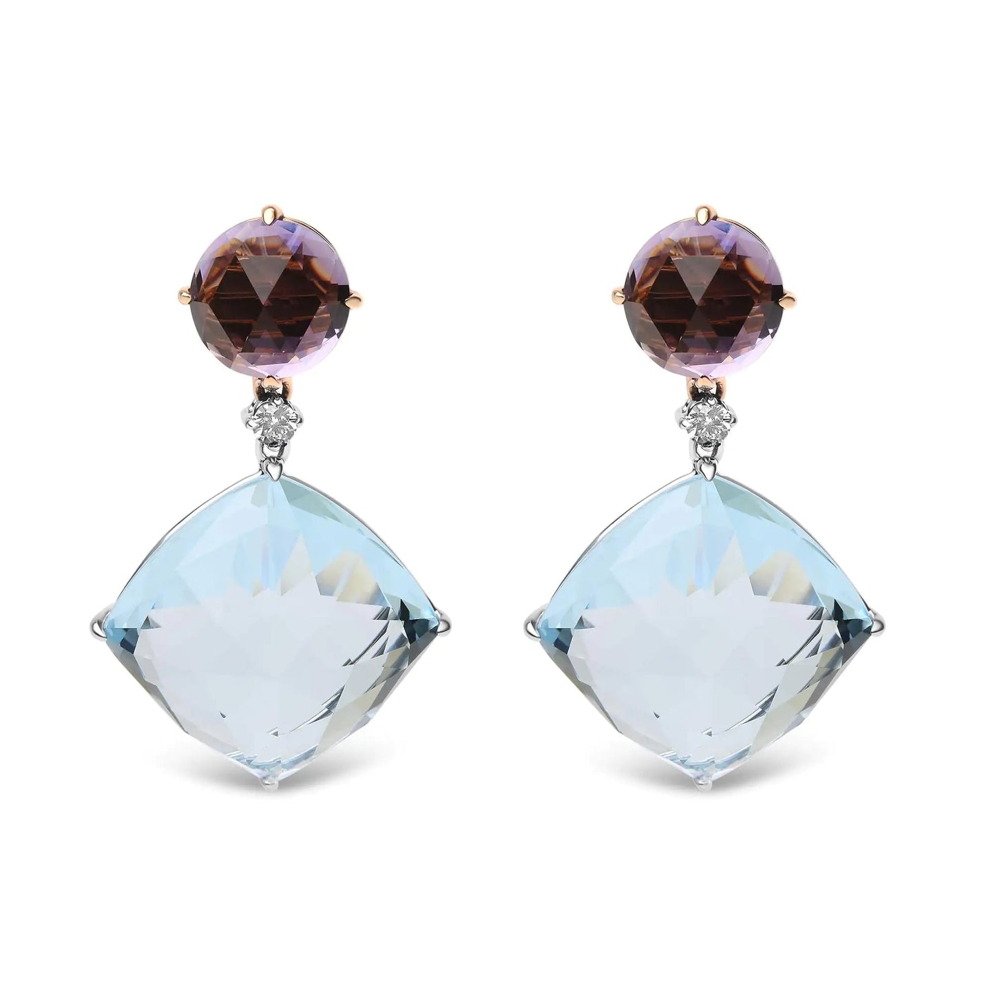 18K White and Rose Gold 1/5 Cttw Diamond with Round Pink Rose De France Amethyst and 25mm Cushion Cut Sky Blue Topaz Gemstone Dangle Earring (G-H Color, SI1-SI2 Clarity) WEM Support (www.WEM.support)
