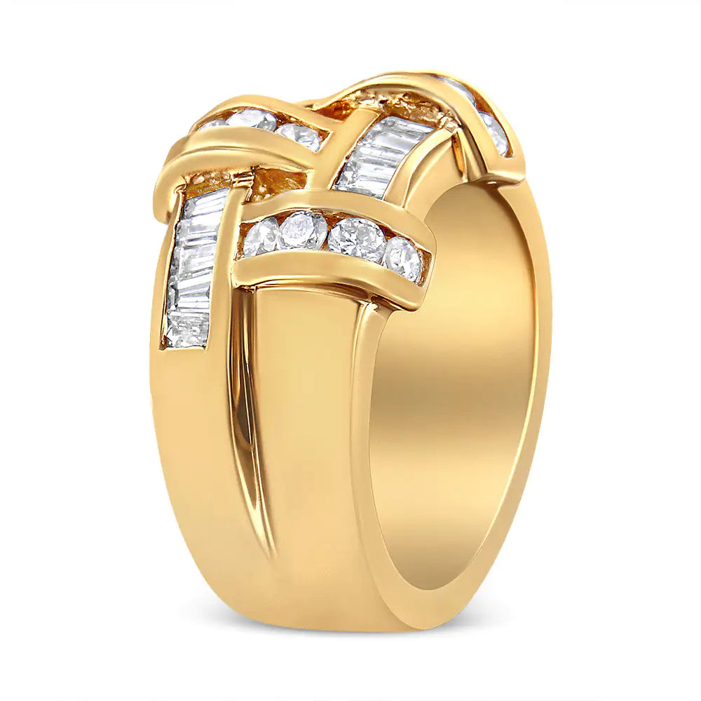 14K Yellow Gold 1 5/8 Cttw Round and Baguette Diamond Lattice Grid Design Ring Band (H-I Color, VS2-SI1 Clarity) - Ring Size 6 WEM Support (www.WEM.support)