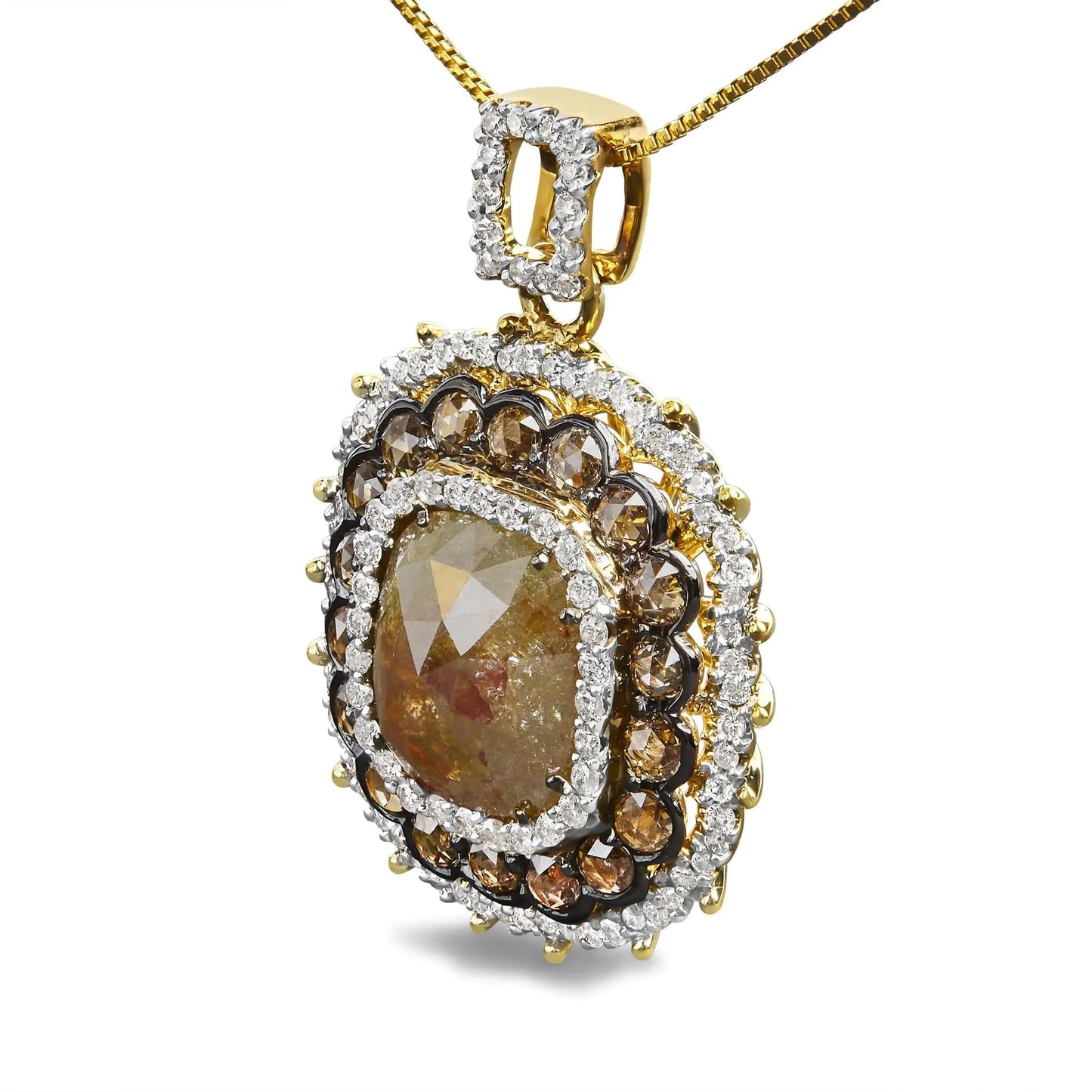 14K Yellow Gold 4 1/5 Cttw Fancy Color Rose Cut Diamond Cushion Shaped Triple Halo 18" Inch Pendant Necklace (Fancy Color, I2-I3 Clarity) WEM Support (www.WEM.support)