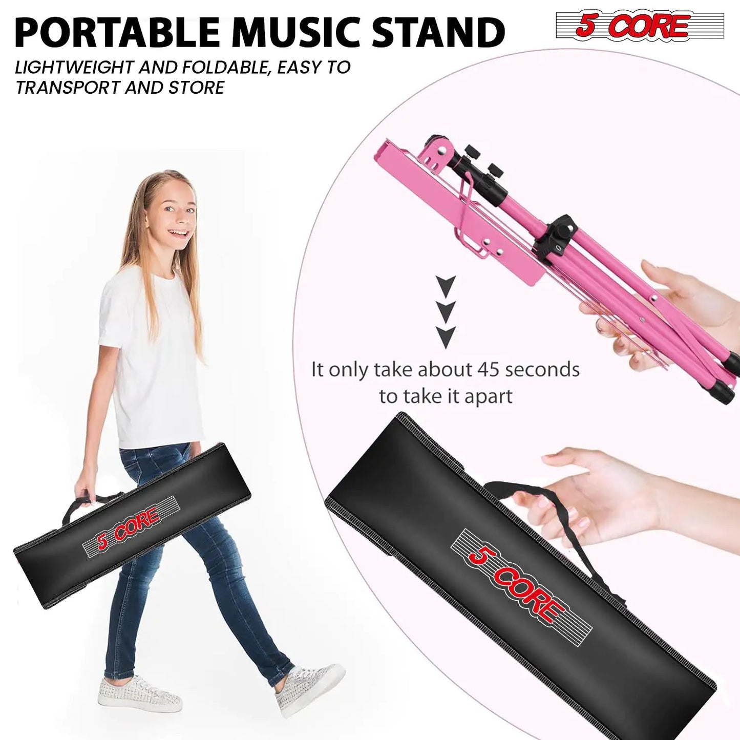 Suporte de Música 5Core para Partituras, Portátil, Tripé Ajustável, Dobrável, Porta-Notas, Rosa Intenso WEM Support (www.WEM.support)