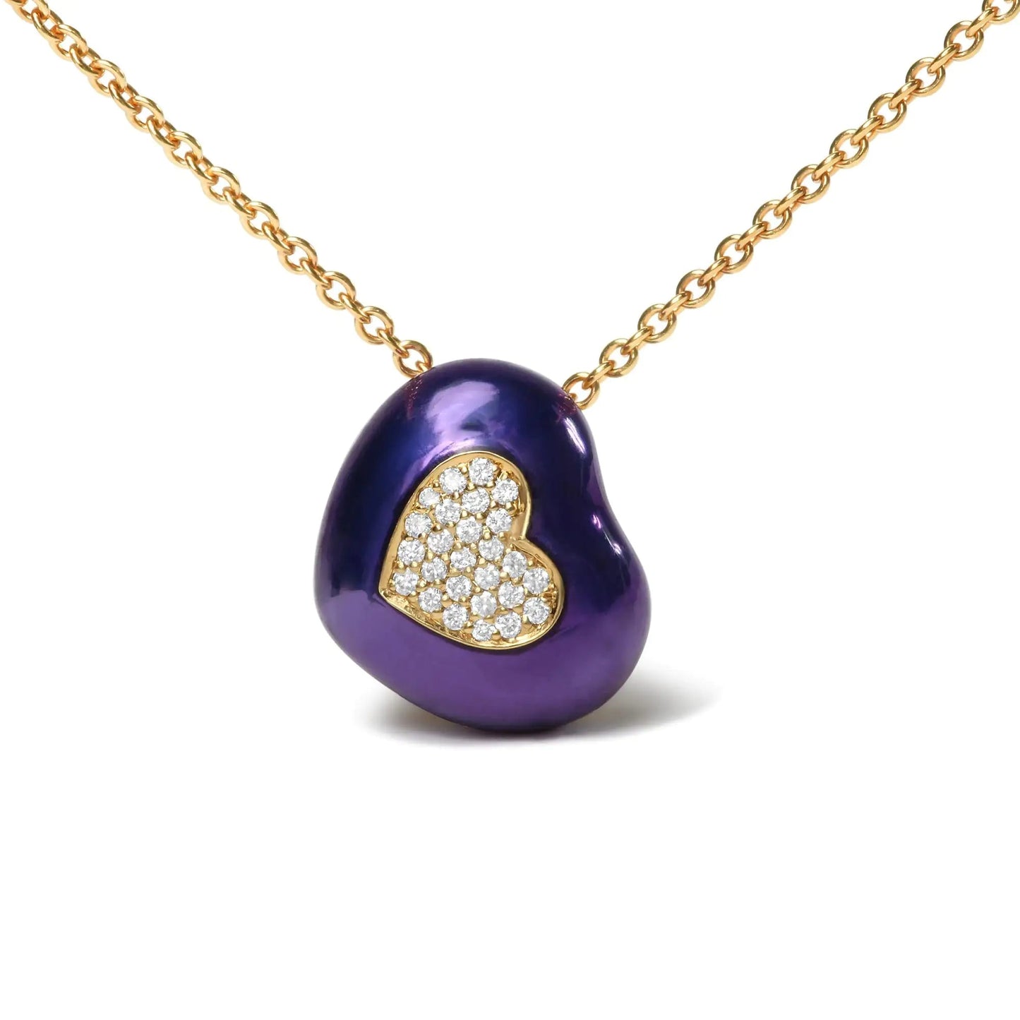 18K Yellow Gold Blue Enamel 1/10 Cttw Round Pave Diamonds Heart Shape 18" Pendant Necklace (G-H Color, SI1-SI2 Clarity) - Adjustable up to 16" - 18" WEM Support (www.WEM.support)