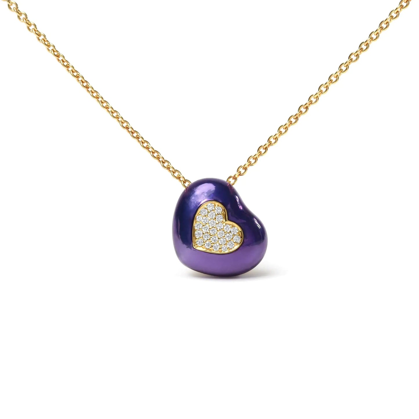 18K Yellow Gold Blue Enamel 1/10 Cttw Round Pave Diamonds Heart Shape 18" Pendant Necklace (G-H Color, SI1-SI2 Clarity) - Adjustable up to 16" - 18" WEM Support (www.WEM.support)