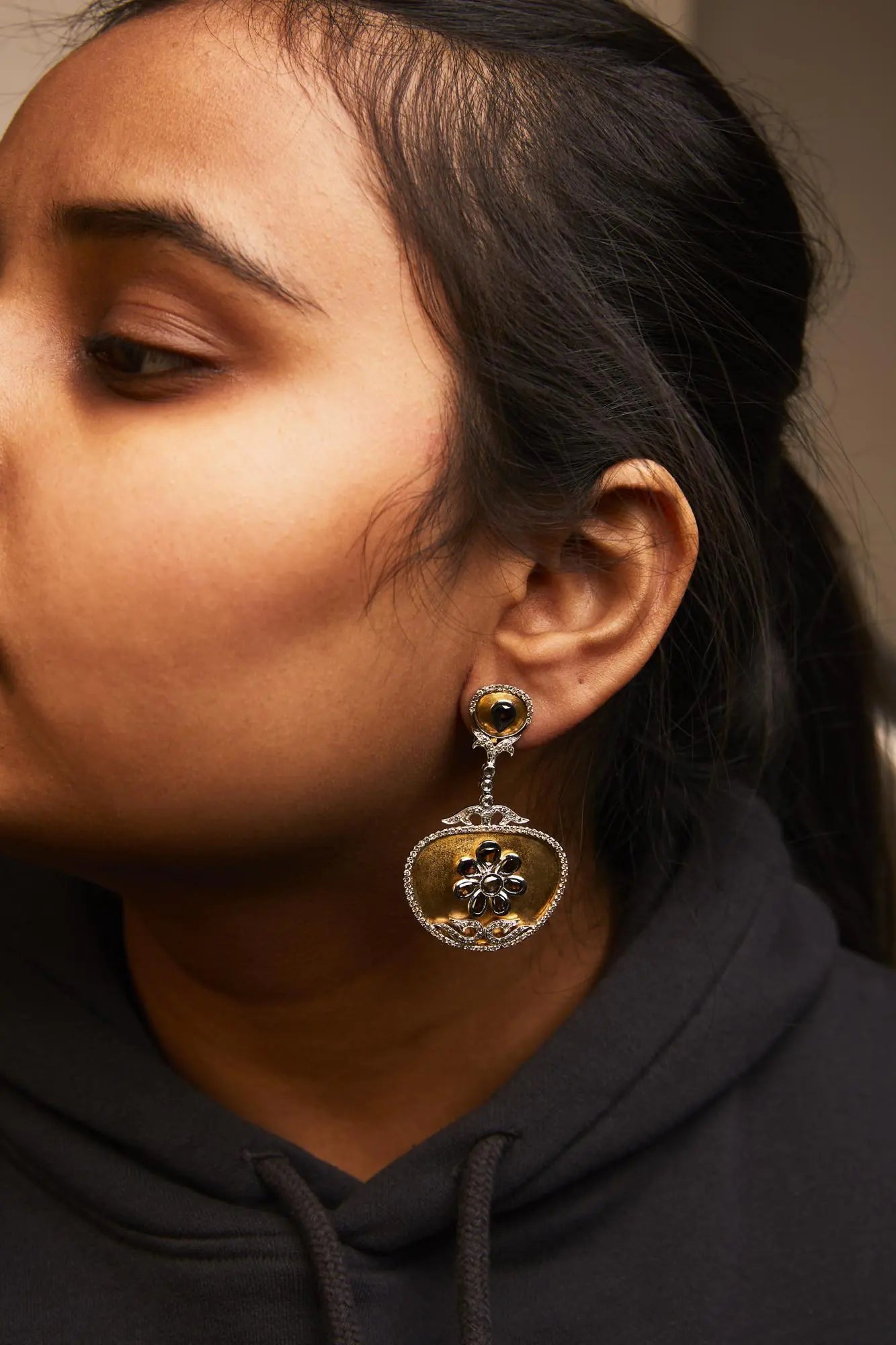 14K White and Yellow Gold 5 1/4 Cttw Rose Cut Diamond Matte Finished Medallion Dangle Earring (Fancy Color, I1-I2 Clarity) WEM Support (www.WEM.support)