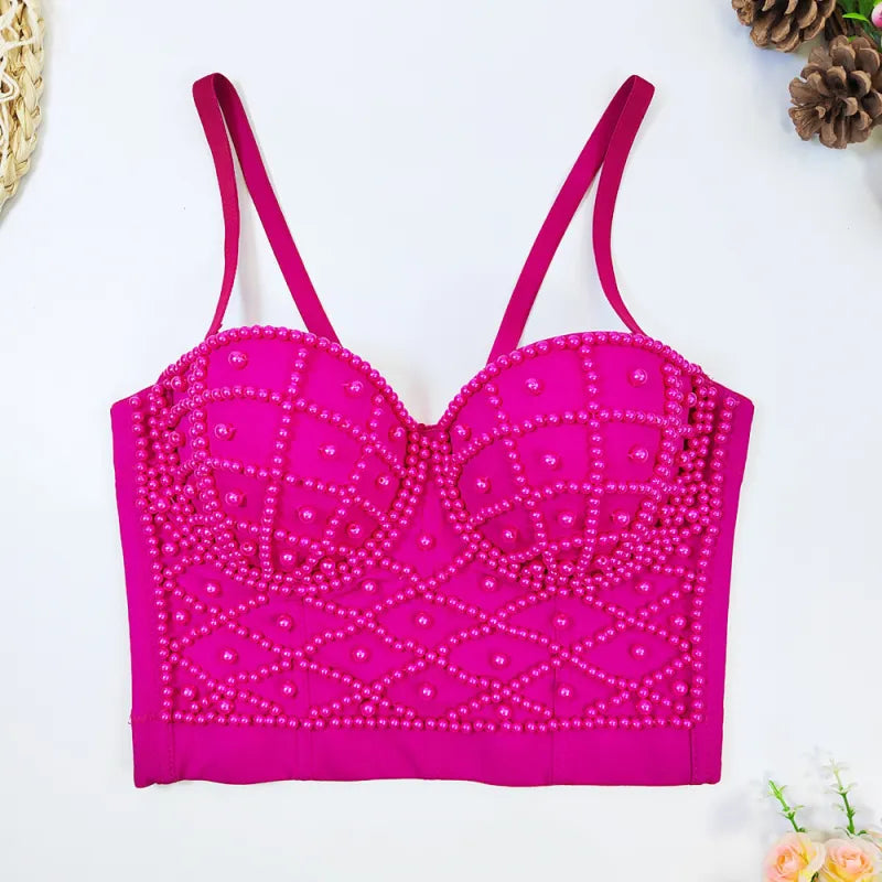 Women's Fashionable Elegant Pearl Spaghetti-strap Camisole Top With Chest Pad WEM Support (www.WEM.support)