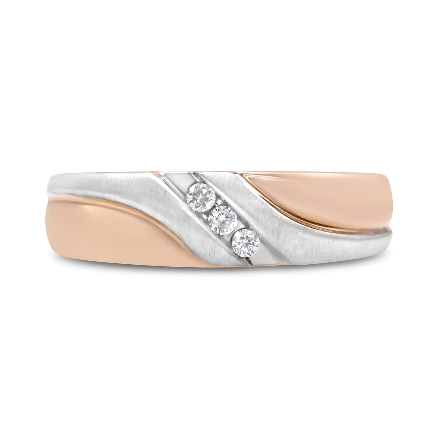 10K White and Rose Gold 1/10 Cttw 3-Stone Tension Slant Band Matte Finish Ring for Men (I-J Color, I2-I3 Clarity) WEM Support (www.WEM.support)
