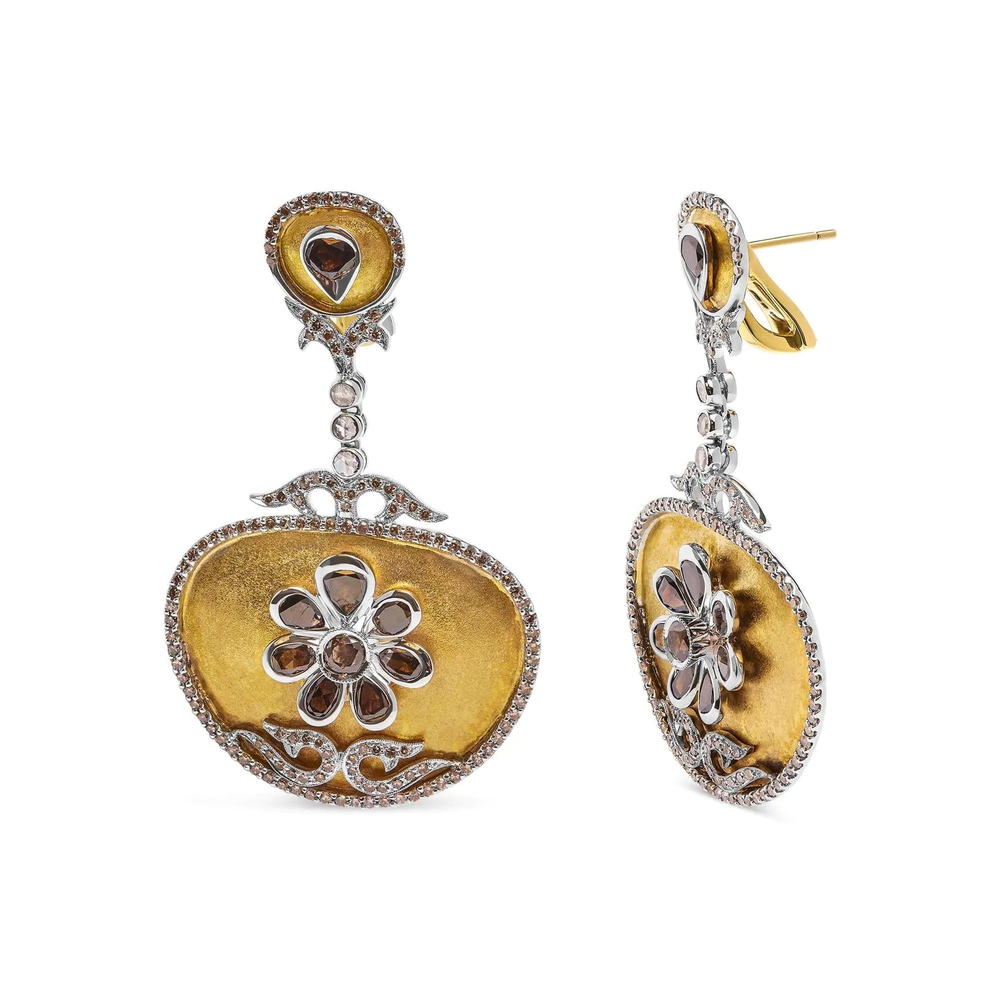 14K White and Yellow Gold 5 1/4 Cttw Rose Cut Diamond Matte Finished Medallion Dangle Earring (Fancy Color, I1-I2 Clarity) WEM Support (www.WEM.support)