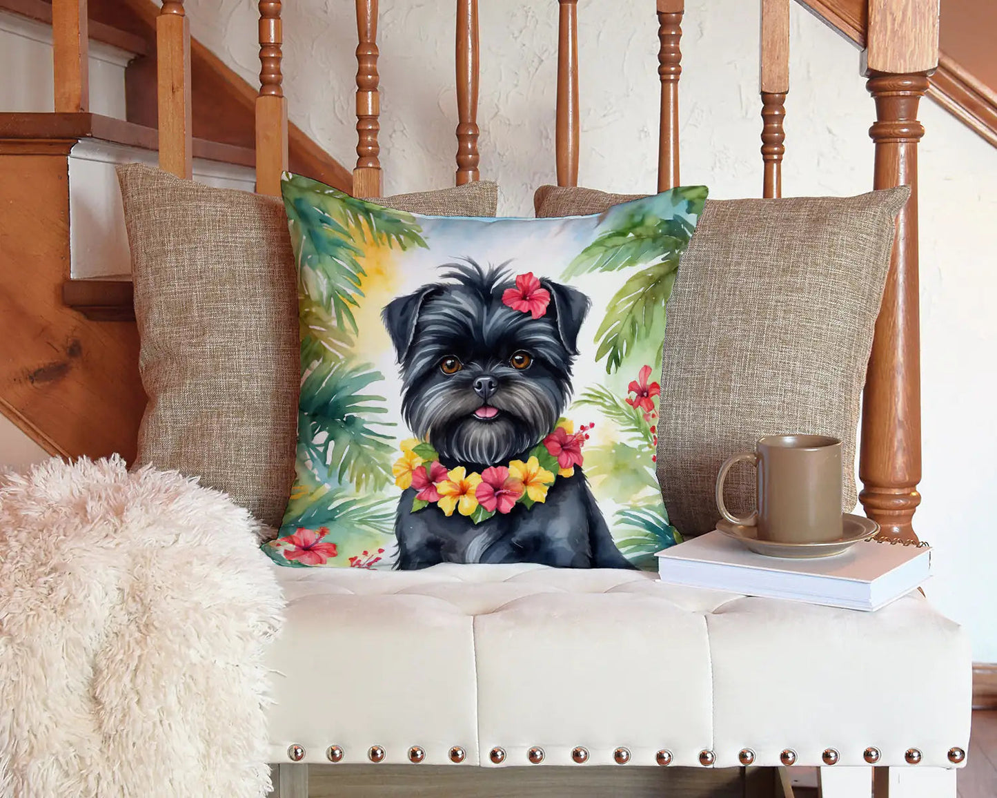 Affenpinscher Luau Throw Pillow WEM Support (www.WEM.support)