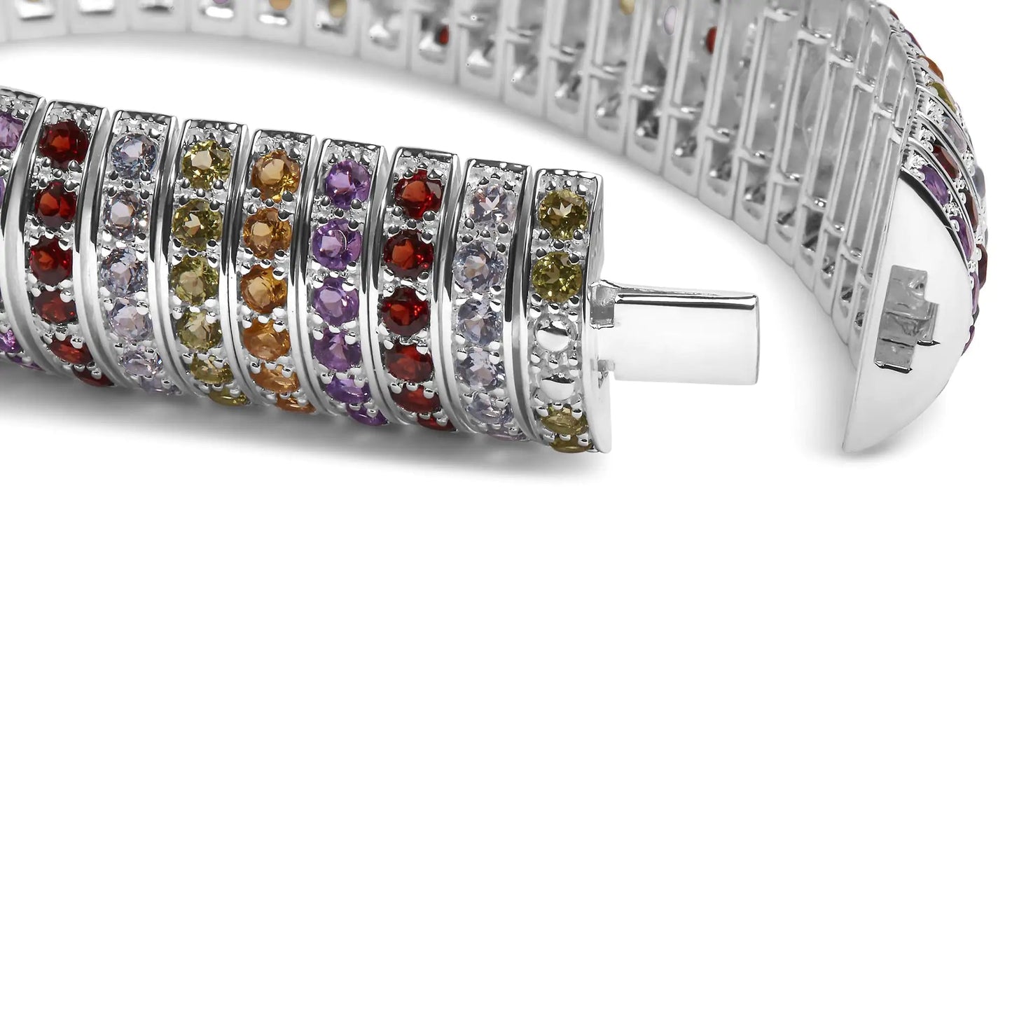 .925 Sterling Silver Multi Row Rainbow Gemstone Bangle Bracelet - 7.5" Inches WEM Support (www.WEM.support)