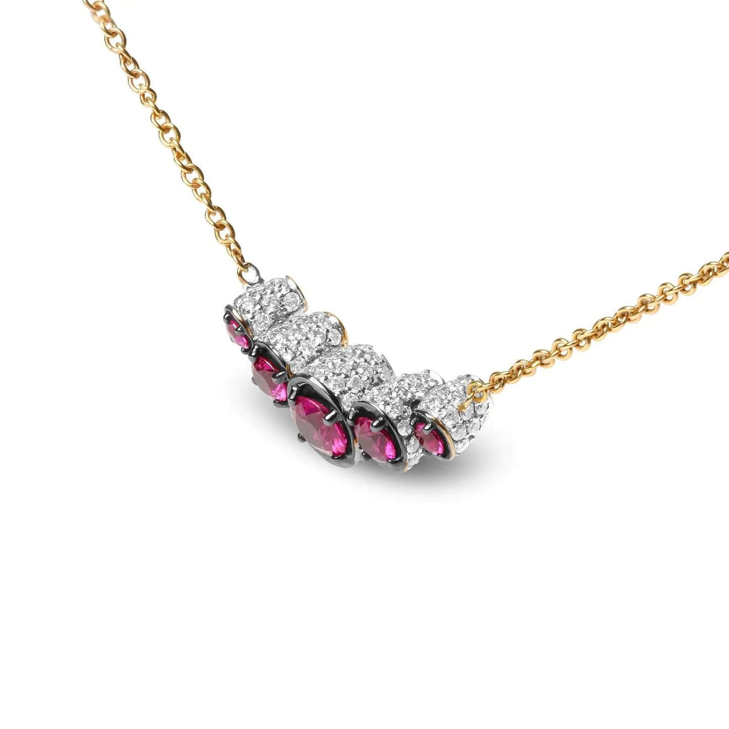18K Rose Gold 3/4 Cttw Pave Diamonds and Graduated Red Ruby Gemstone Curved Bar Choker Necklace (G-H Color, SI1-SI2 Clarity) - Adjustable up to 14" - 16.5" WEM Support (www.WEM.support)