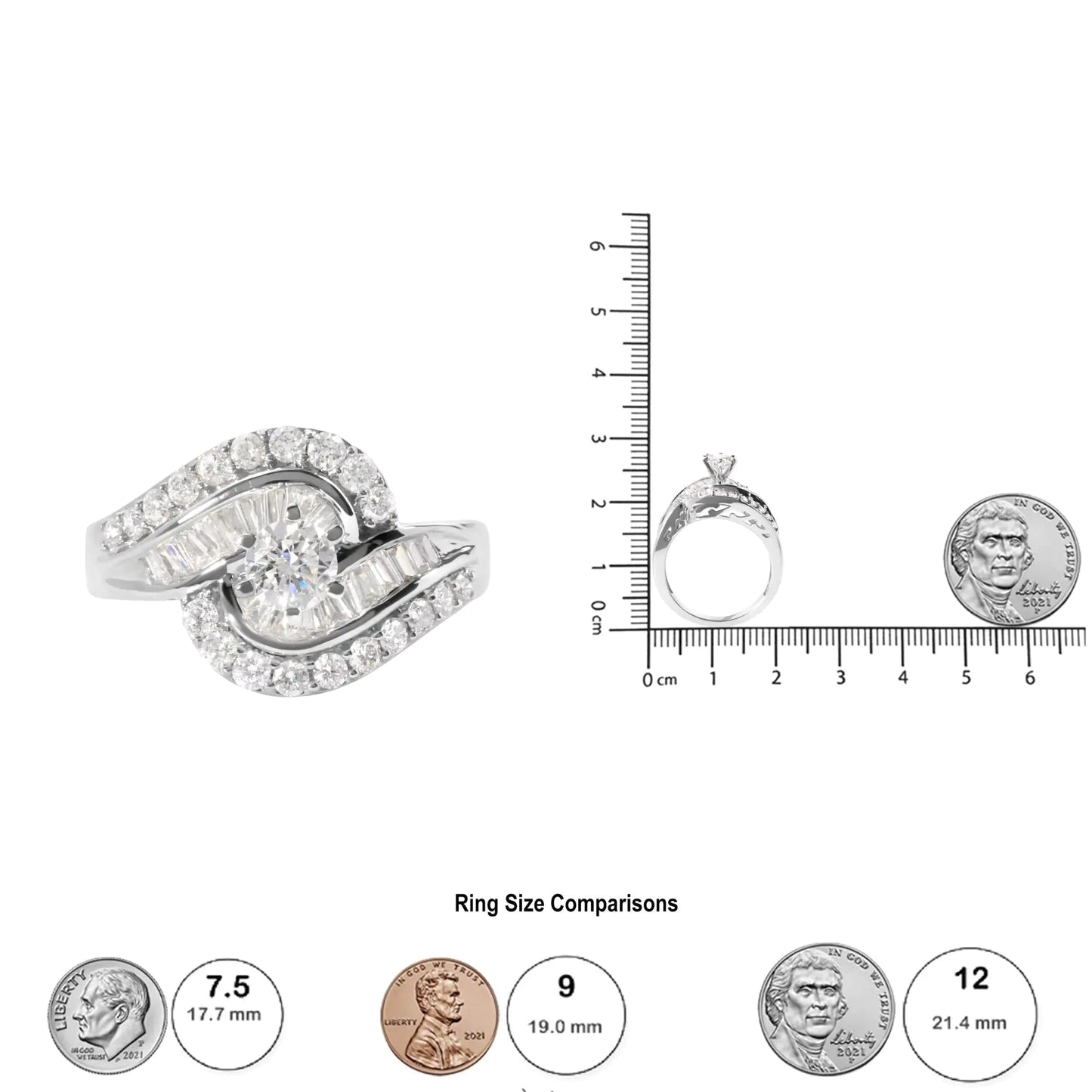 14K White Gold 1.00 Cttw Round and Baguette cut Diamond Swirl Cocktail Ring (H-I Color, SI2-I1 Clarity) WEM Support (www.WEM.support)