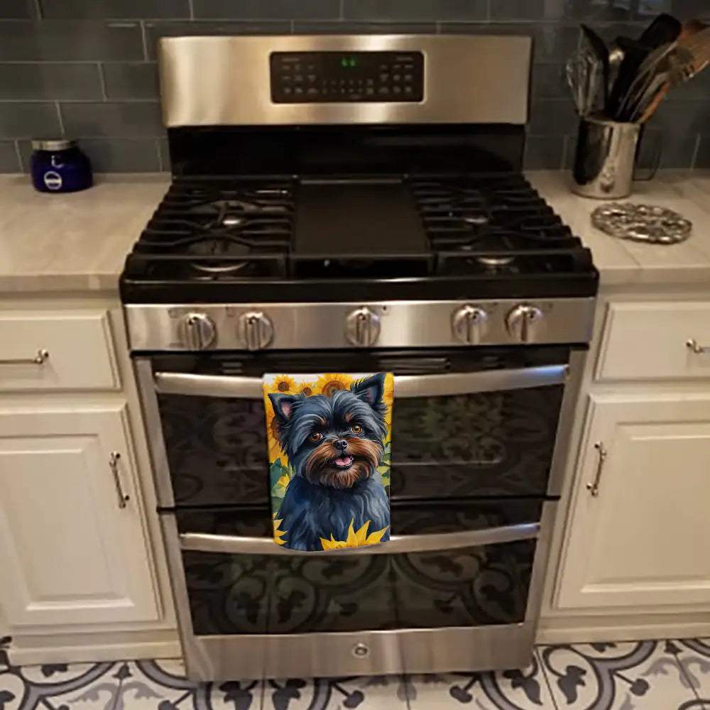 Affenpinscher in Sunflowers Kitchen Towel WEM Support (www.WEM.support)