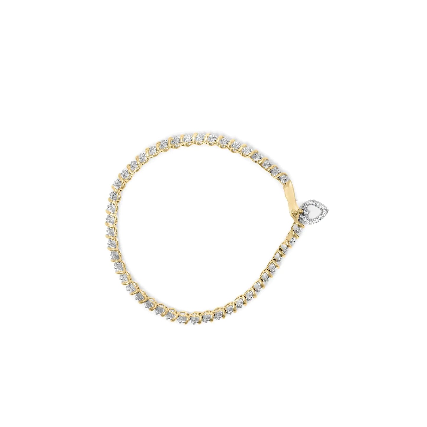 10K Yellow Gold 2.0 Cttw Diamond 2 Row Link and Heart Charm 7" Link Bracelet (I-J Color, I3 Clarity) WEM Support (www.WEM.support)