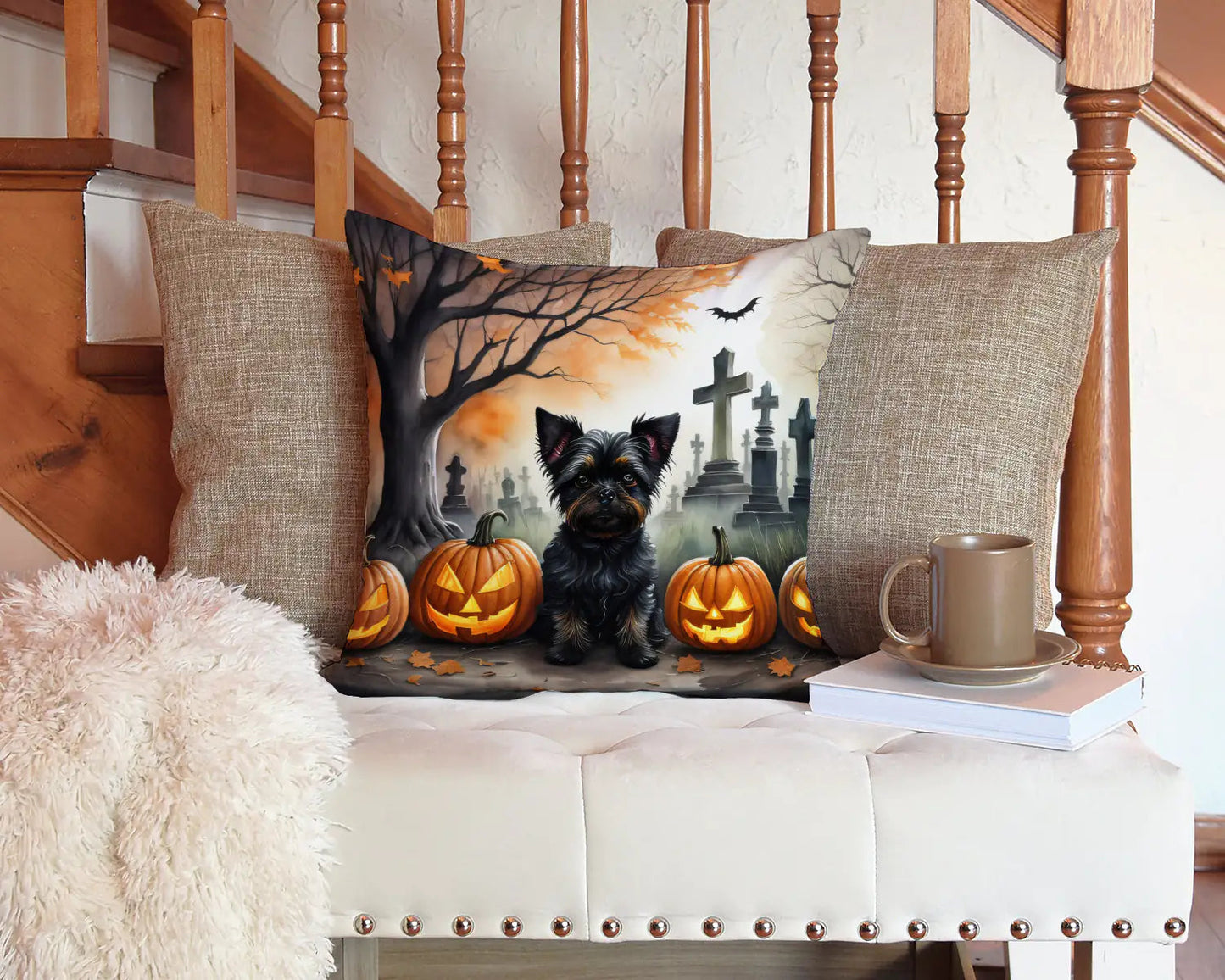 Affenpinscher Spooky Halloween Throw Pillow WEM Support (www.WEM.support)