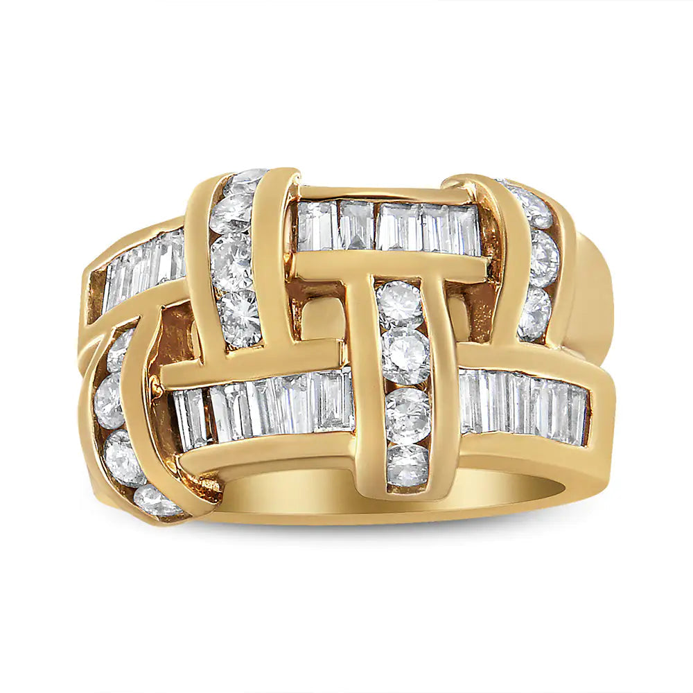 14K Yellow Gold 1 5/8 Cttw Round and Baguette Diamond Lattice Grid Design Ring Band (H-I Color, VS2-SI1 Clarity) - Ring Size 6 WEM Support (www.WEM.support)