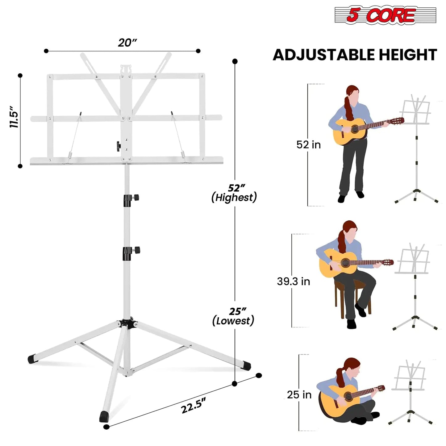 Suporte de Música 5Core para Partituras Portátil Tripé Ajustável Dobrável Porta-Notas BRANCO WEM Support (www.WEM.support)