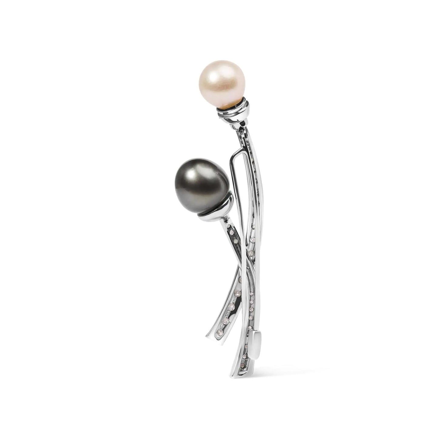 18K White Gold 3/5 Cttw Diamond and Cultured South Sea Black and White Pearl Brooch Pin (H-I Color, VS1-VS2 Clarity) WEM Support (www.WEM.support)