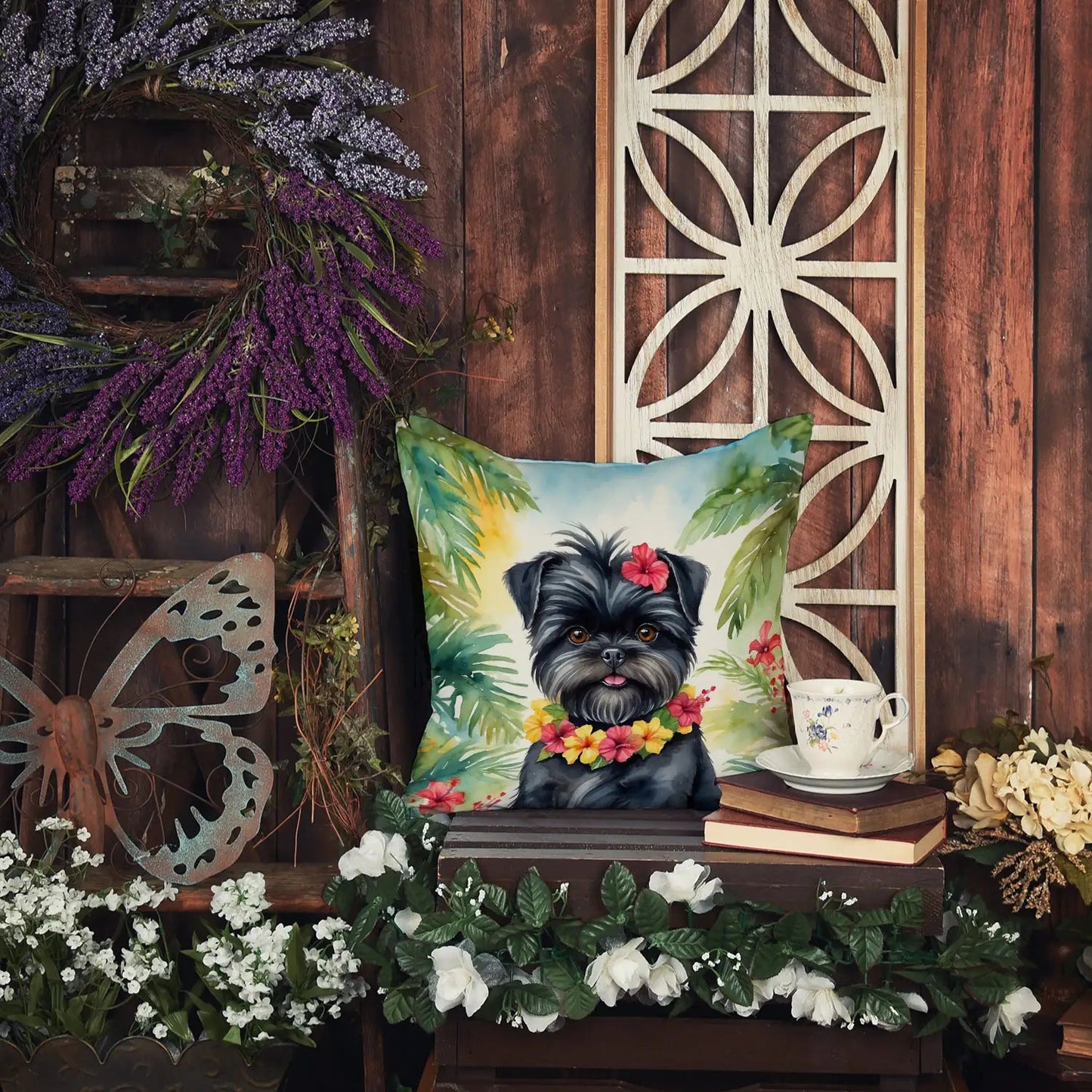 Affenpinscher Luau Throw Pillow WEM Support (www.WEM.support)