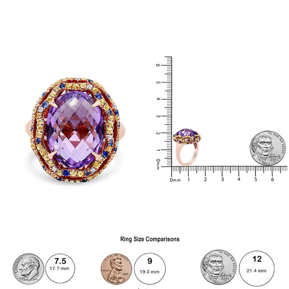 18K Yellow and Rose Gold Claw Prong Set Checkerboard Cut Purple Amethyst, Blue & Yellow Sapphire, Diamond Accent Cocktail Ring Band (F-G Color, VS1-VS2 Clarity) WEM Support (www.WEM.support)