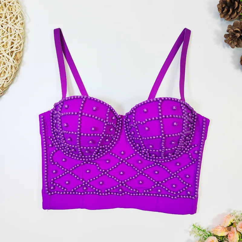 Women's Fashionable Elegant Pearl Spaghetti-strap Camisole Top With Chest Pad WEM Support (www.WEM.support)
