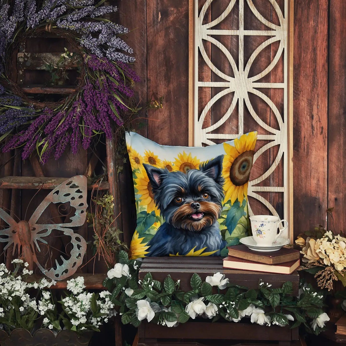 Affenpinscher in Sunflowers Throw Pillow WEM Support (www.WEM.support)