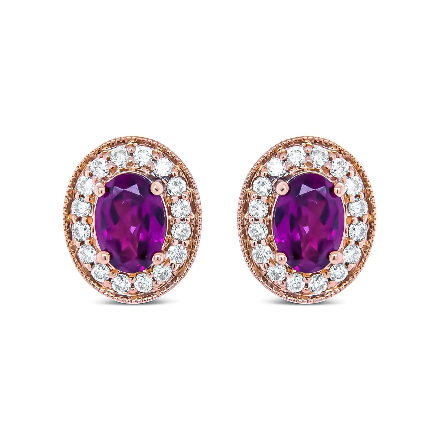 14K Rose Gold 7x5mm Oval Cut Garnet and 3/8 Cttw Round Diamond Halo Stud Earrings (G-H Color, SI1-SI2 Clarity) WEM Support (www.WEM.support)