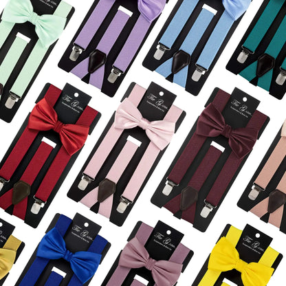 TIE G Solid Color Men's Suspender + Woven Bow Tie Set for Wedding : Vivid Color, Adjustable Brace, Strong Clip, Elastic Band Charcoal Grey My Store