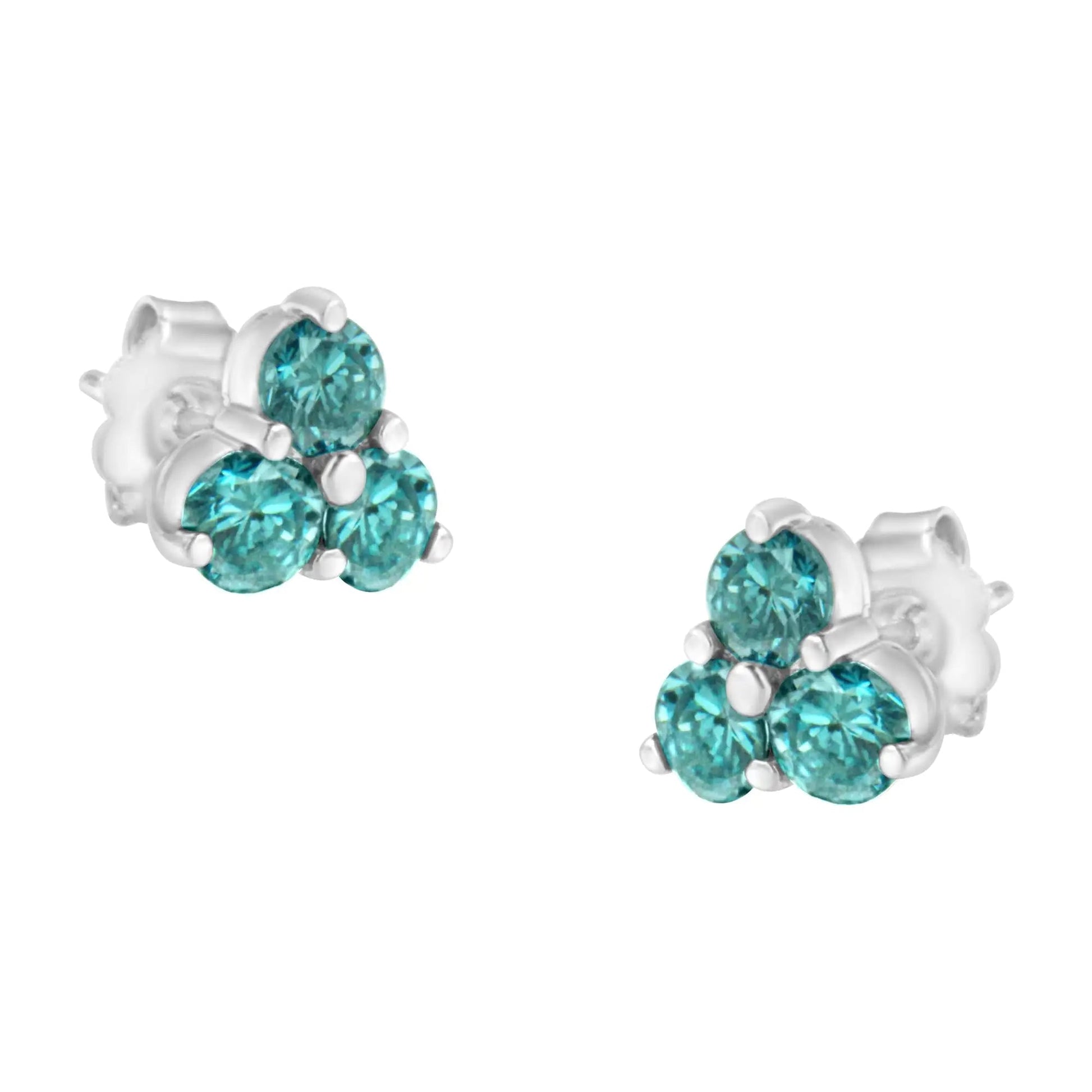 14KT White Gold Treated Blue Diamond Trio Stud Earrings (1 1/3 cttw, Blue) WEM Support (www.WEM.support)