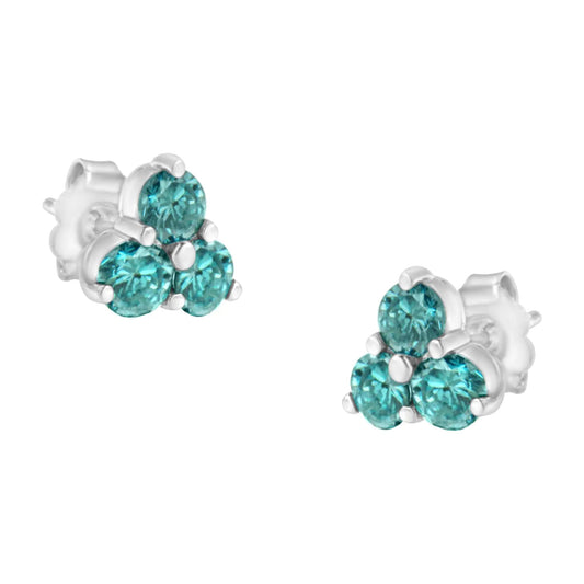 14KT White Gold Treated Blue Diamond Trio Stud Earrings (1 1/3 cttw, Blue) WEM Support (www.WEM.support)