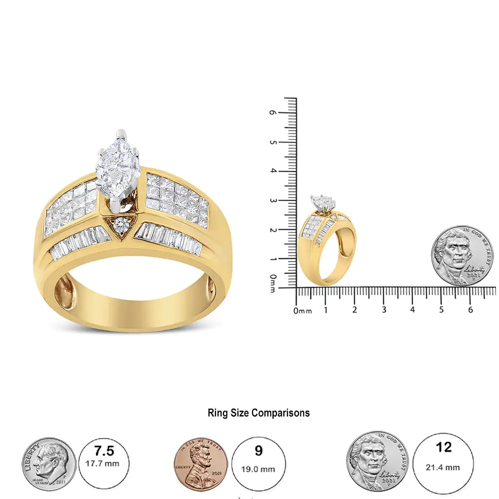 14K Yellow and White Gold 1 3/4 Cttw Round, Baguette, Princess and Pie-Cut Diamond Ring (H-I Color, SI1-SI2 Clarity) WEM Support (www.WEM.support)