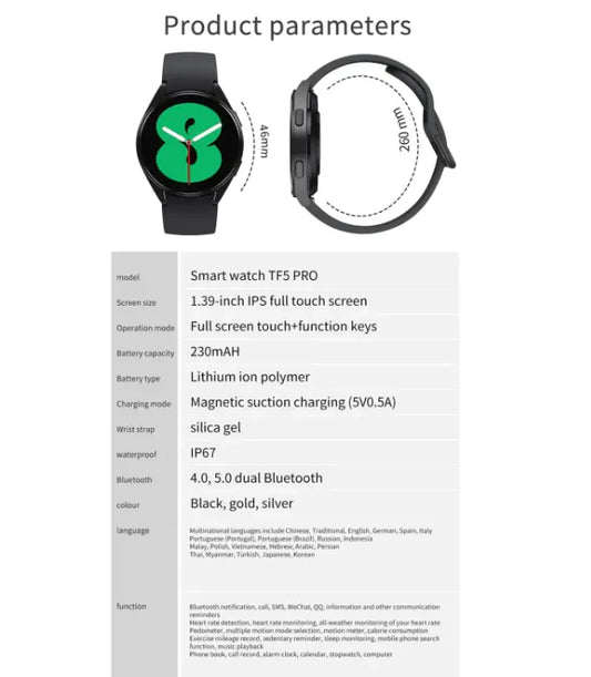 The image shows a digital smartwatch with a green display, named TF5 PRO. It lists product features such as a 1.